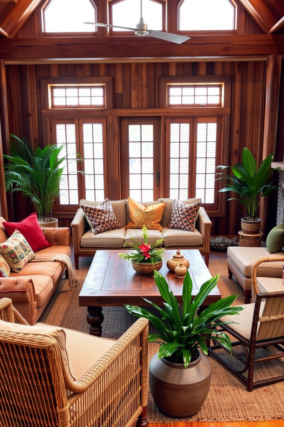 A cozy living room featuring natural wood accents throughout the space. Plush seating in earthy tones is complemented by woven textiles and vibrant throw pillows. A large wooden coffee table sits at the center, surrounded by a mix of rattan and upholstered chairs. Lush greenery in decorative pots adds a refreshing touch, enhancing the boho chic aesthetic.