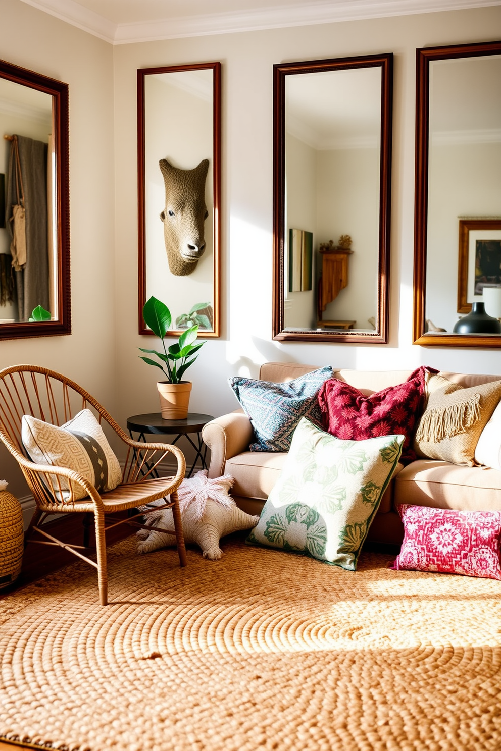 A cozy boho chic living room featuring an array of textured pillows and a large woven rug. The walls are adorned with framed mirrors that reflect natural light, enhancing the spacious feel of the room. In one corner, a rattan chair is paired with a small side table topped with a potted plant. The color palette includes earthy tones with pops of vibrant colors to create a warm and inviting atmosphere.