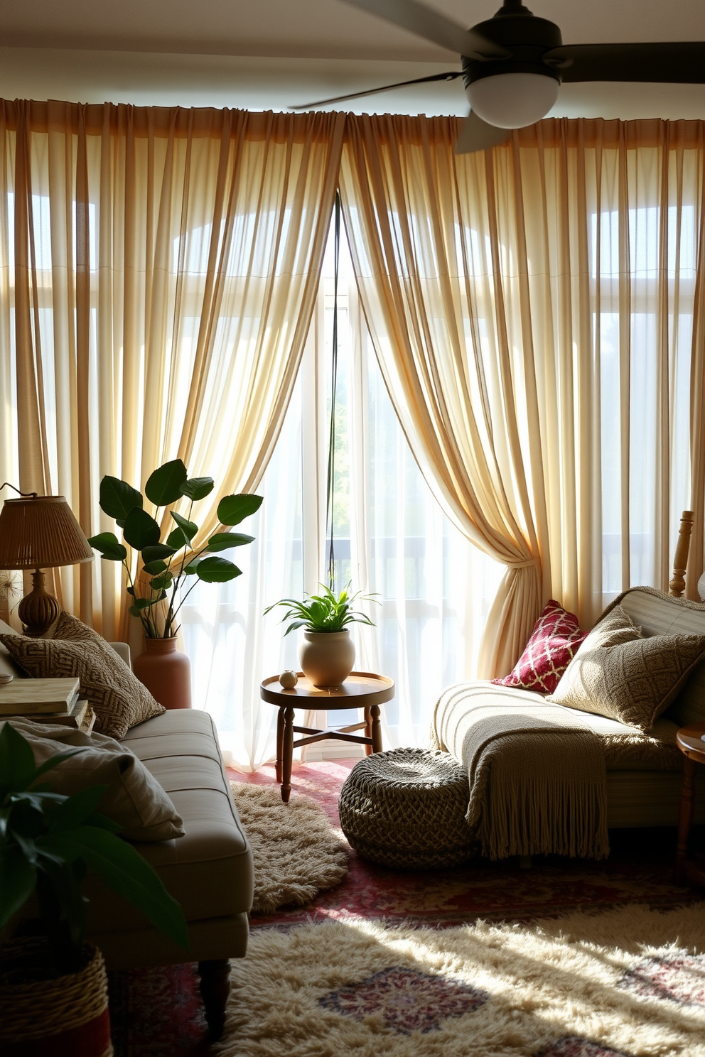 A cozy boho chic living room features layered curtains that softly filter the light, creating a warm and inviting atmosphere. The space is adorned with an eclectic mix of textures and colors, including a plush area rug, woven throw pillows, and a mix of vintage and modern furniture pieces.