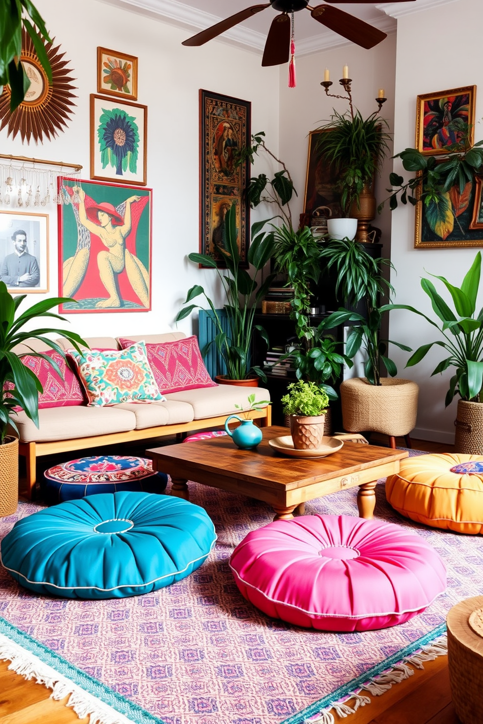 A vibrant boho chic living room features colorful poufs scattered around a low wooden coffee table. The walls are adorned with eclectic artwork and the space is filled with lush plants, creating a warm and inviting atmosphere.