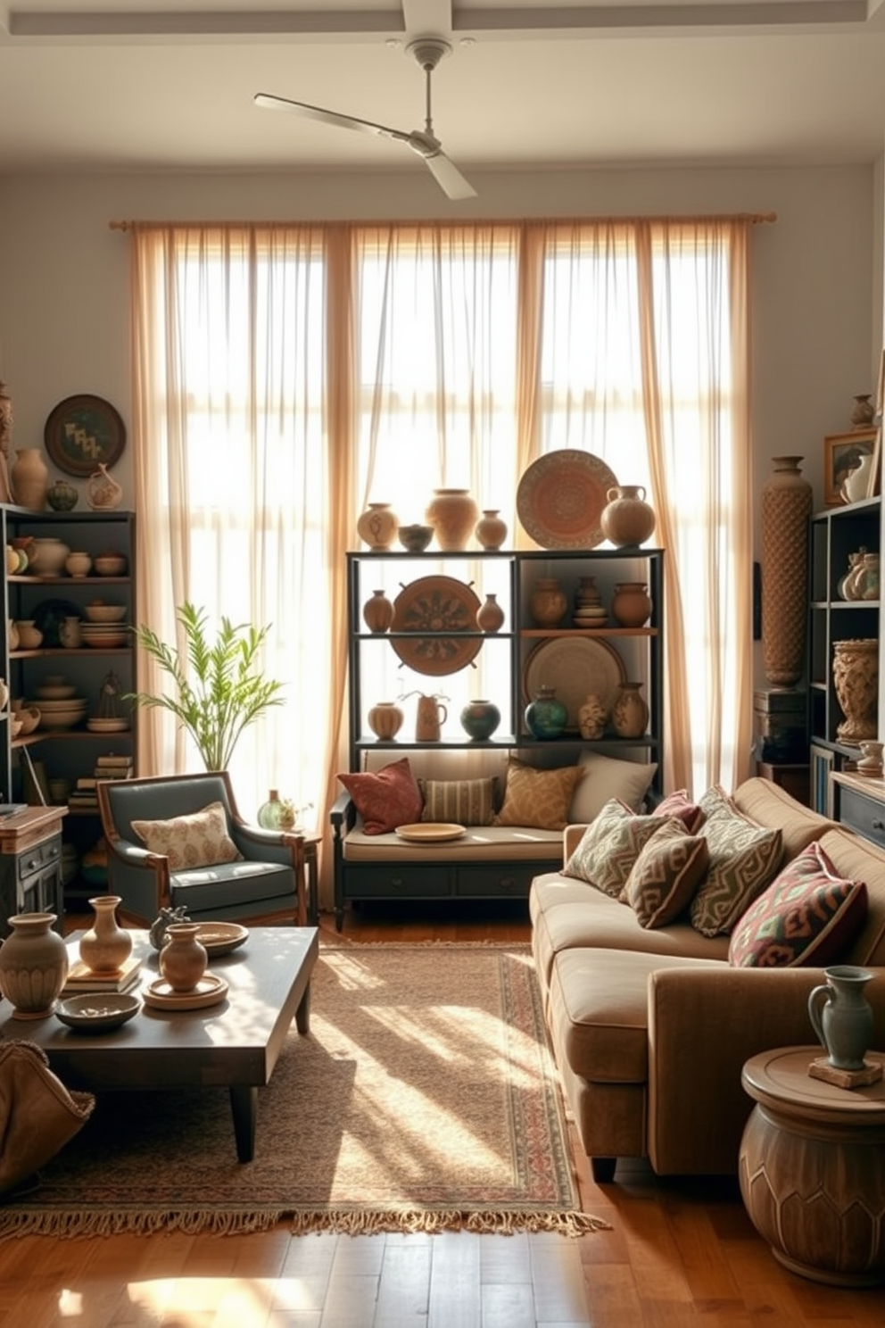 A Boho Chic living room filled with warmth and texture. Handmade pottery pieces in various shapes and sizes are artfully arranged on open shelves and coffee tables, adding a personal touch to the space. The furniture features a mix of vintage and modern styles, with a large, comfortable sofa adorned with colorful throw pillows. Natural light floods the room through sheer curtains, highlighting the earthy tones and eclectic decor throughout.