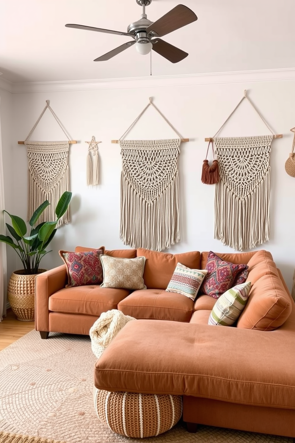 A cozy boho chic living room adorned with macrame wall hangings that add texture and warmth to the space. The room features a plush, oversized sofa in earthy tones, surrounded by vibrant patterned throw pillows and a woven rug underfoot.