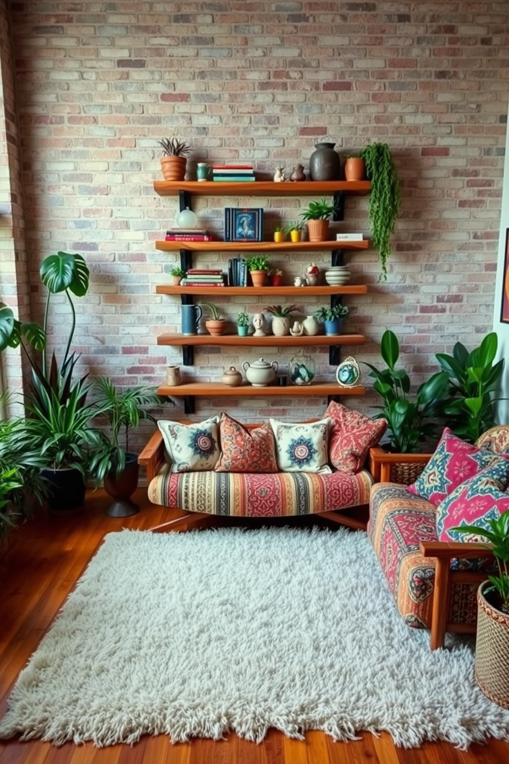 Rustic shelves made of reclaimed wood are mounted on a textured brick wall. The shelves are adorned with an eclectic mix of treasures, including vintage books, potted plants, and handmade ceramics. A cozy boho chic living room features a large, plush area rug layered over hardwood floors. The space is filled with vibrant textiles, oversized cushions, and an array of indoor plants that create a warm and inviting atmosphere.