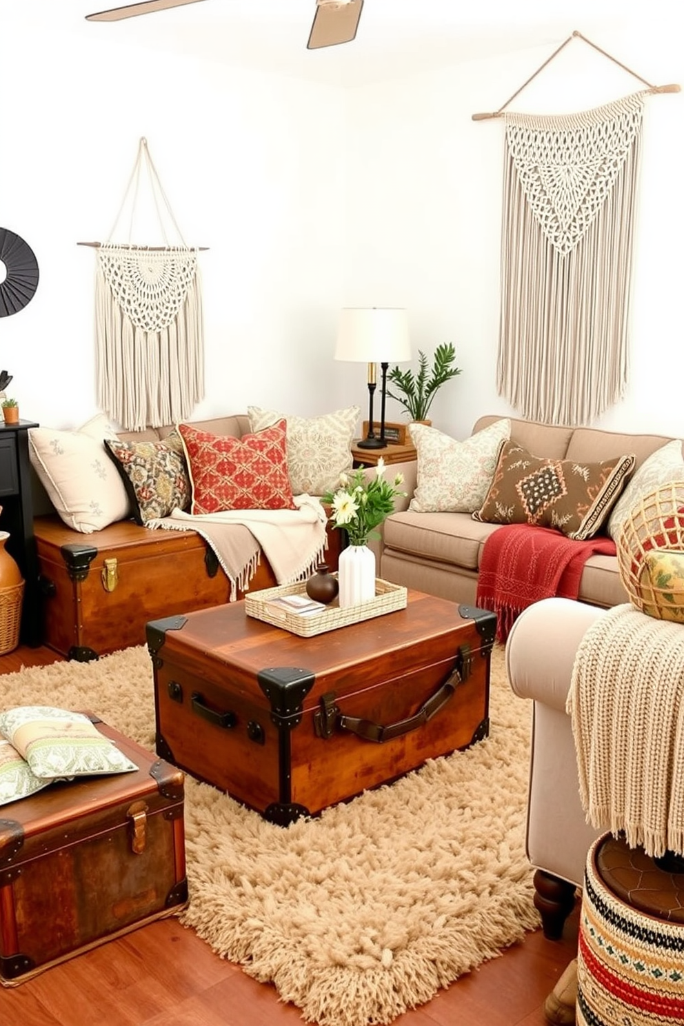 A cozy boho chic living room features an array of vintage trunks used for both storage and decoration. These trunks are placed strategically around a plush area rug, complementing the earthy tones of the space. The room is adorned with layered textiles, including patterned throw pillows and a macrame wall hanging. A mix of eclectic furniture pieces, such as a low coffee table and a comfortable sofa, creates an inviting atmosphere.