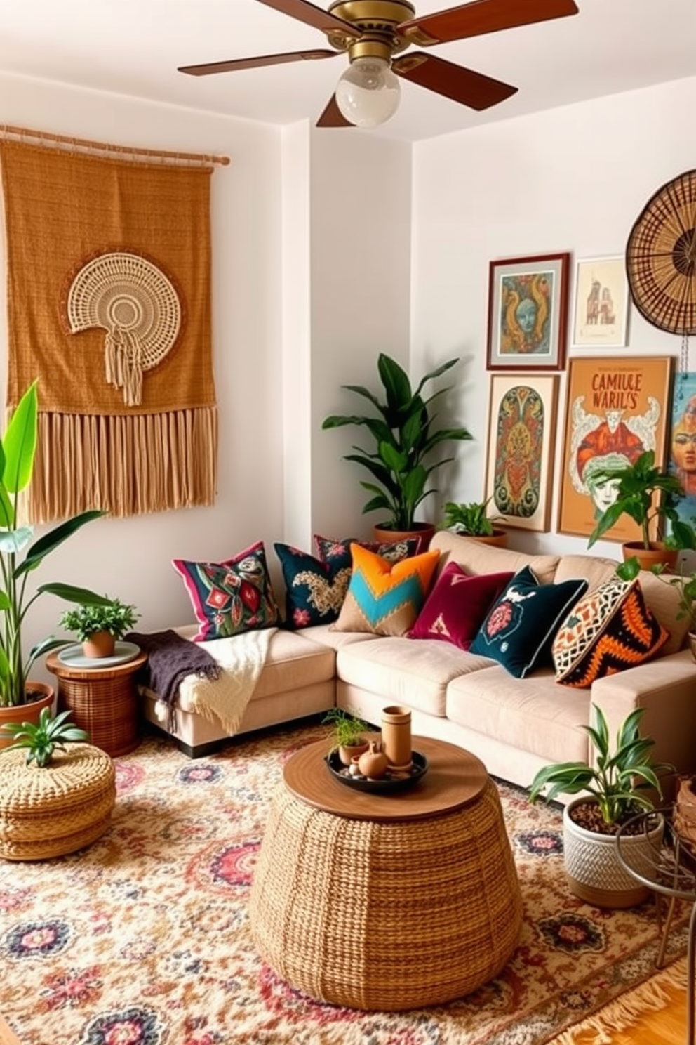 A cozy boho chic living room filled with warmth and personality. The walls feature textured wall hangings in natural fibers, adding depth and visual interest to the space. A large, plush area rug anchors the room, while an assortment of colorful throw pillows adorns a comfortable sectional sofa. Potted plants and eclectic artwork create a vibrant atmosphere, inviting relaxation and creativity.