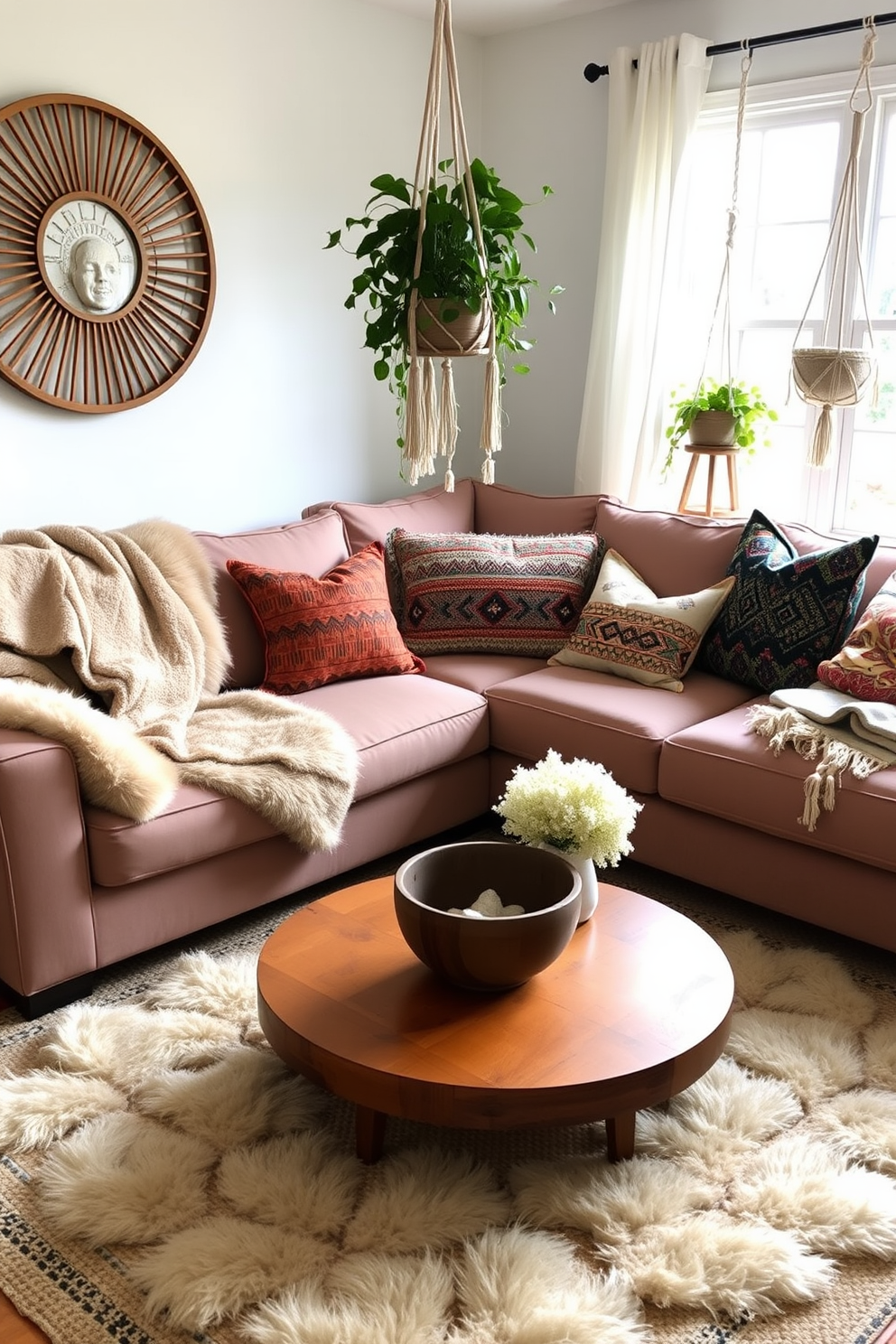 A cozy Boho Chic living room adorned with soft faux fur throws draped over a plush sectional sofa. Colorful patterned pillows complement the warm wooden coffee table, while hanging macramé planters add a touch of greenery to the space.