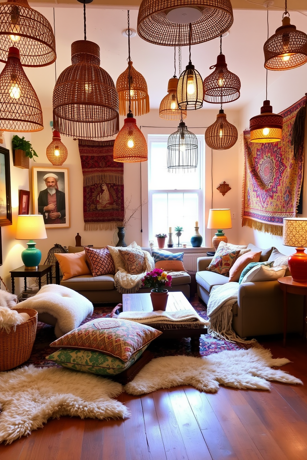 A cozy Boho Chic living room filled with unique lighting fixtures that add character. The space features a mix of rattan pendant lights and colorful table lamps, creating a warm and inviting atmosphere. The walls are adorned with eclectic artwork and woven tapestries that reflect a vibrant color palette. Plush, patterned rugs cover the wooden floor, and an assortment of cushions in various textures and hues invites relaxation.