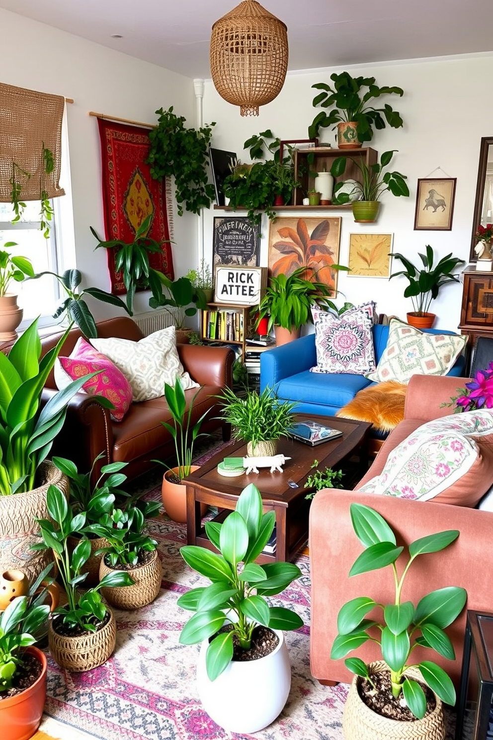 A vibrant Boho Chic living room filled with floor plants in decorative pots. The space features a mix of textured textiles, colorful throw pillows, and an eclectic assortment of furniture pieces.