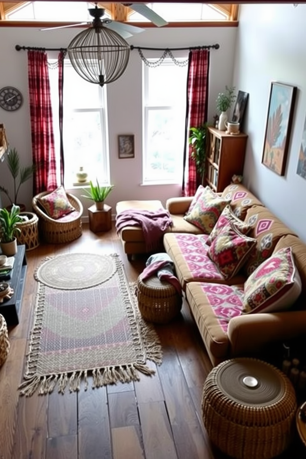 A cozy boho chic living room featuring low slung sofas adorned with an array of colorful cushions in vibrant patterns. The space is filled with natural light, complemented by woven rugs and eclectic decor elements that create a warm and inviting atmosphere.