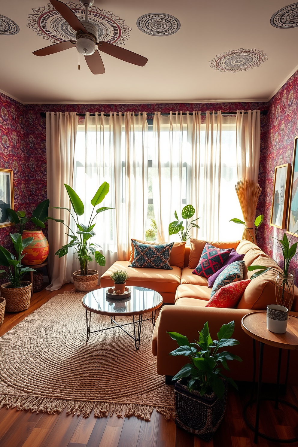 A vibrant boho chic living room adorned with bold wallpaper featuring intricate bohemian patterns. The space includes a plush sectional sofa in earthy tones, accented with colorful throw pillows and a large woven area rug. Natural light floods the room through oversized windows draped with sheer curtains, creating an inviting atmosphere. A mix of wooden and metal decor elements, along with potted plants, adds a touch of warmth and greenery to the design.