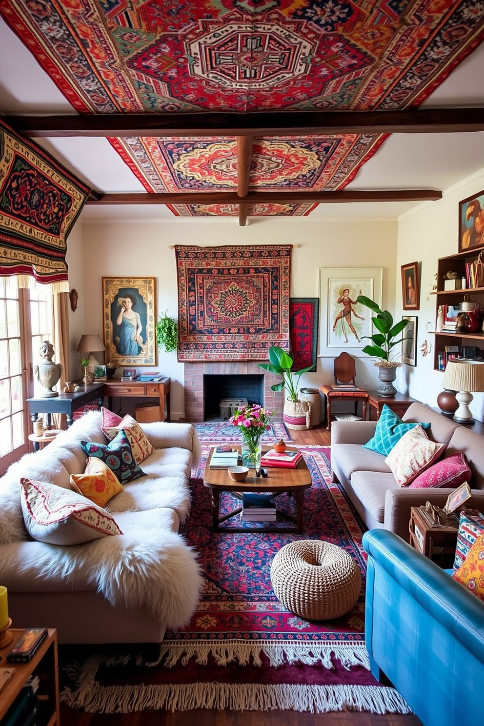 A cozy Boho Chic living room adorned with vintage rugs that add warmth and character. The space features a mix of colorful textiles, a large plush sofa, and an assortment of eclectic decor pieces that create an inviting atmosphere.