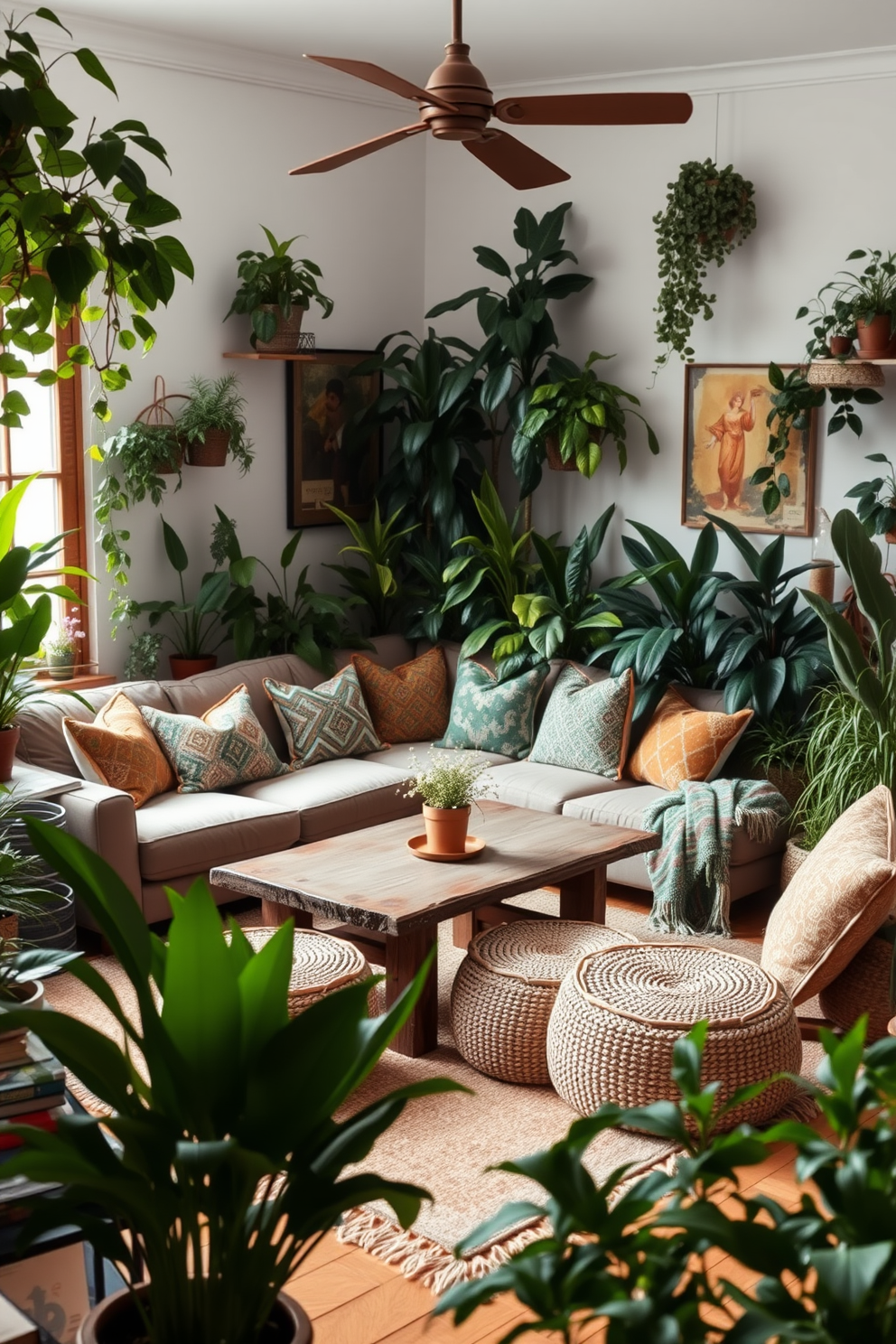 A cozy boho chic living room filled with lush greenery. Plants of various sizes are placed in every corner, bringing freshness and life to the space. The seating area features a comfortable oversized sofa adorned with colorful patterned throw pillows. A rustic coffee table sits in the center, surrounded by woven poufs and a soft area rug.