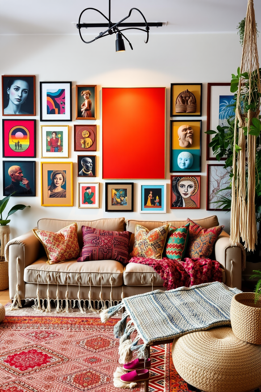 An eclectic artwork gallery wall display featuring a mix of framed prints, colorful canvases, and unique sculptures. The wall is adorned with varying sizes of art pieces in bold colors, creating a vibrant focal point in the room. A boho chic living room design with a cozy seating arrangement that includes a plush sofa adorned with patterned throw pillows. Layered rugs in natural fibers and vibrant colors add warmth, while hanging plants and macramé wall hangings enhance the relaxed, artistic vibe.