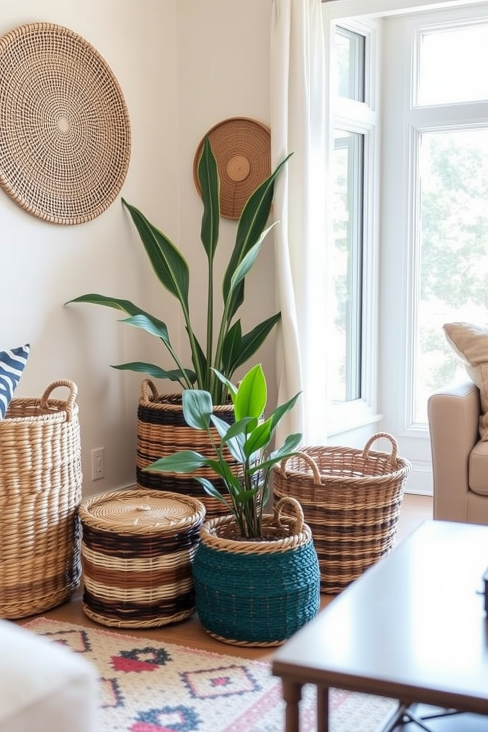 A cozy boho chic living room features woven baskets in various sizes placed strategically around the space. These baskets serve as stylish storage solutions while adding texture and warmth to the room's overall aesthetic.