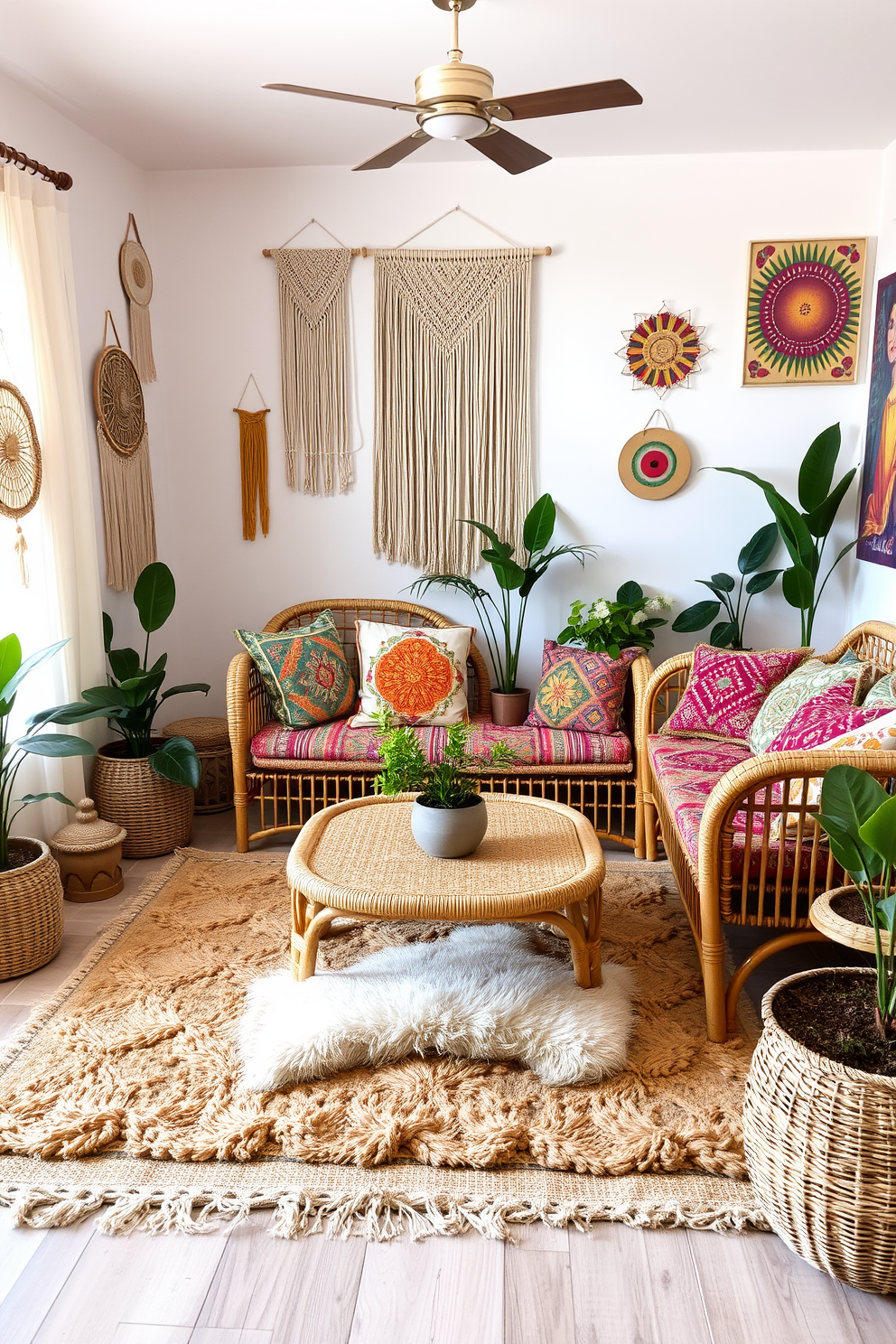 A cozy boho chic living room filled with rattan furniture that exudes a natural look. The space features a large rattan sofa adorned with colorful patterned cushions and a matching coffee table made of woven rattan. The walls are decorated with macrame wall hangings and vibrant artwork that adds character to the room. A plush area rug in earthy tones anchors the seating area, while potted plants bring a touch of greenery and life to the space.