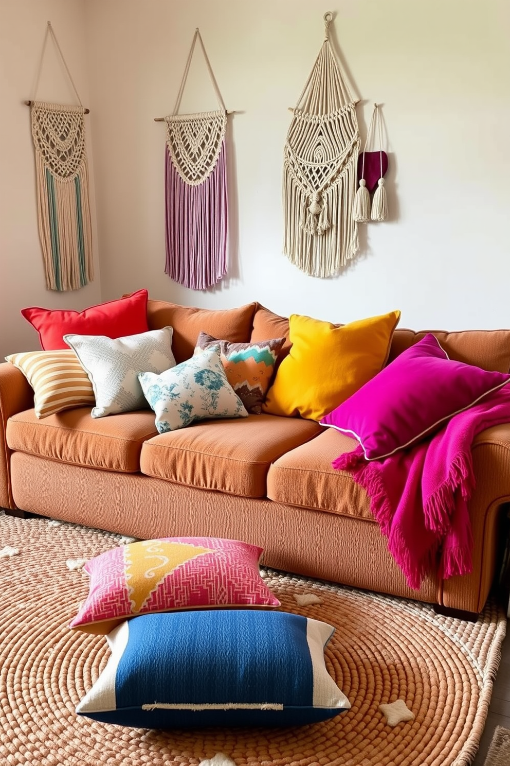 Bright throw pillows in various patterns and colors are scattered across a plush, oversized sofa. The room features macrame wall hangings and a woven area rug, creating a cozy Boho Chic atmosphere.