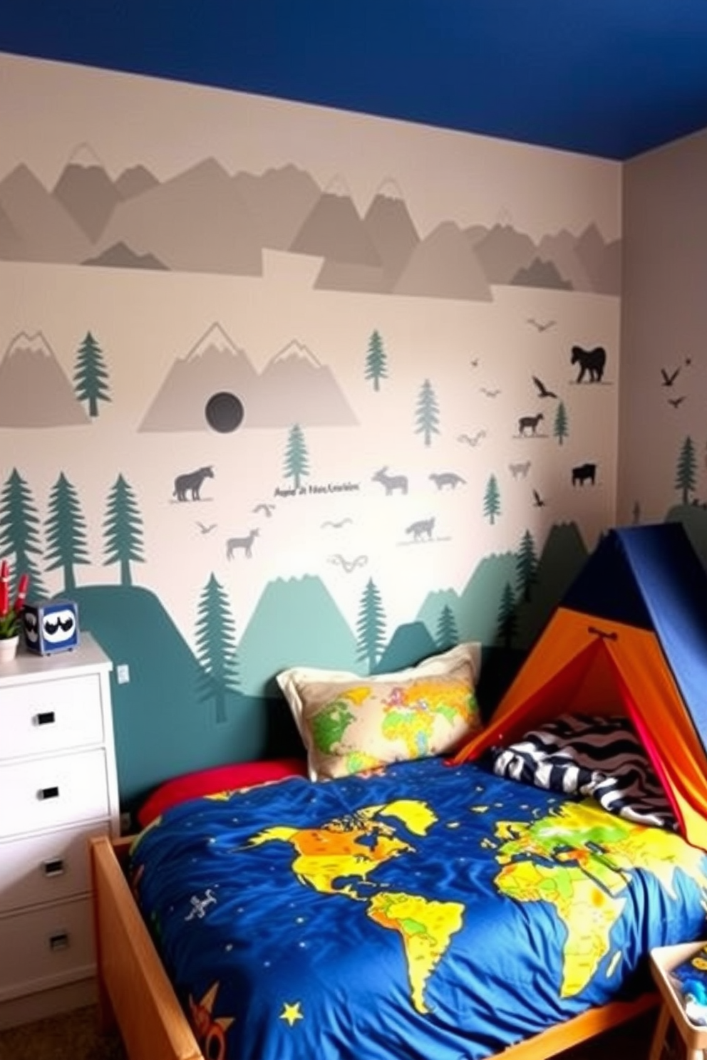 A boys bedroom designed with an adventure theme featuring wall decals of mountains, forests, and animals. The bed is adorned with a vibrant comforter showcasing a world map, and a cozy reading nook with a small tent adds a playful touch.