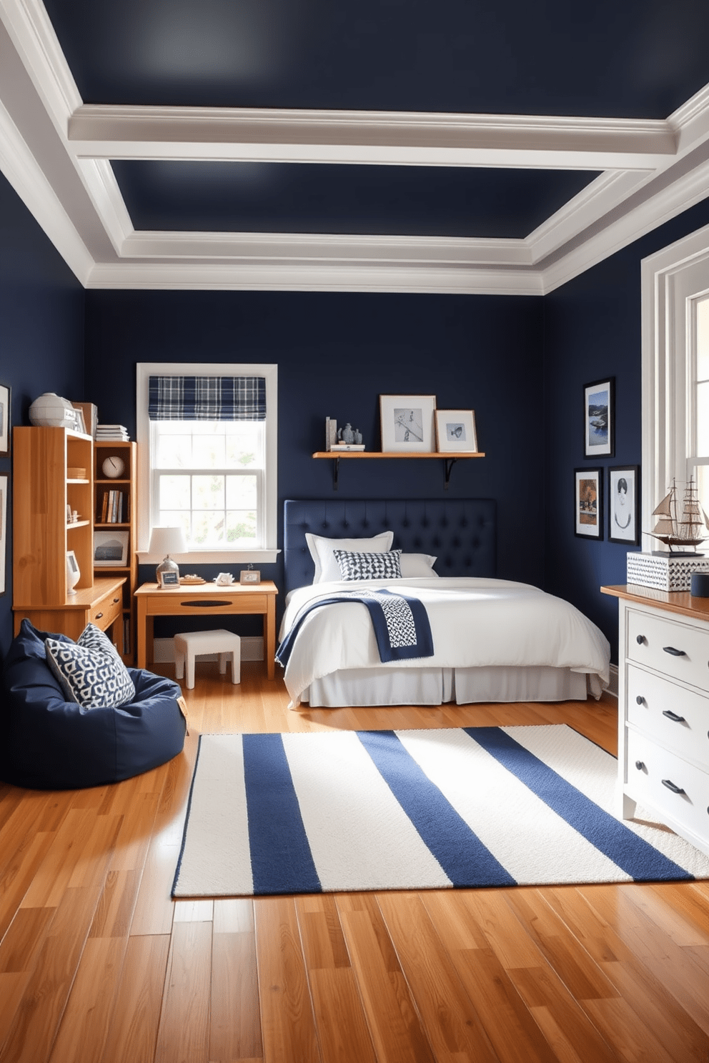 A classic navy and white color scheme creates a timeless and stylish boys bedroom. The walls are painted in a deep navy blue, while the ceiling and trim are a crisp white, providing a striking contrast. A large bed with a navy upholstered headboard is centered against the wall, dressed in white bedding with navy accent pillows. A matching navy and white striped rug lies beneath the bed, adding warmth and texture to the space. A wooden desk in a natural finish is positioned near the window, accompanied by a comfortable white chair. Shelves above the desk display books and framed photos, while a navy bean bag chair adds a cozy seating option in the corner. Decorative elements like nautical-themed artwork and a model ship enhance the room's theme. A white dresser with navy accents completes the look, providing ample storage while maintaining the classic color scheme.