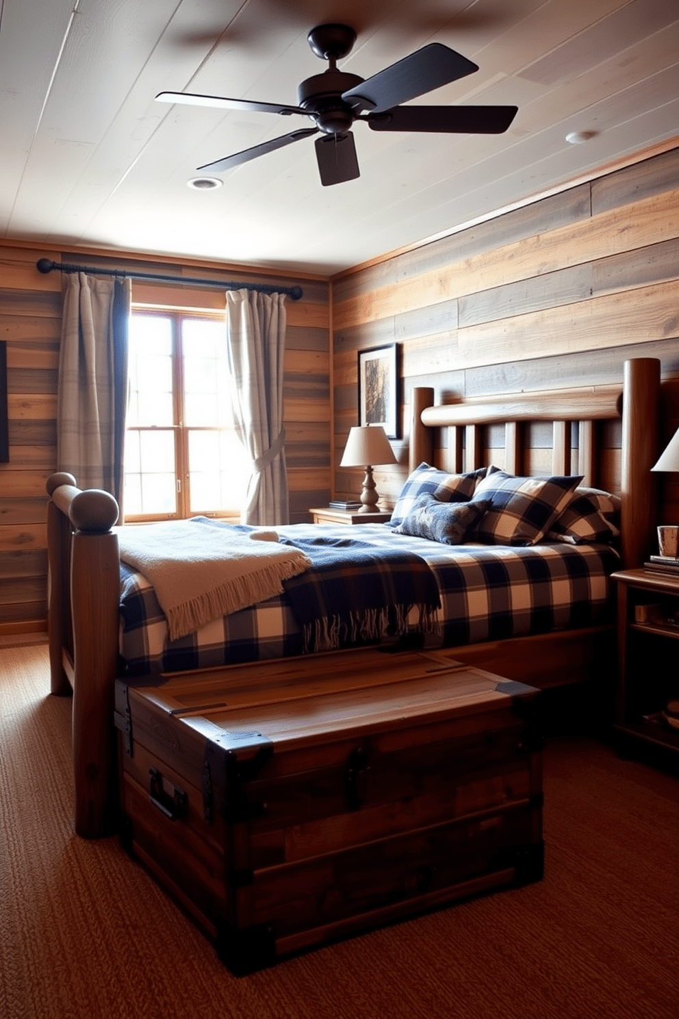 A cozy boys bedroom designed in rustic cabin style features warm wood tones throughout. The walls are adorned with reclaimed wood paneling, and a sturdy wooden bed frame is complemented by plaid bedding and a soft wool throw. A vintage trunk at the foot of the bed serves as both storage and a seating area. Natural light streams in through a large window dressed with rustic curtains, creating a welcoming and adventurous atmosphere.