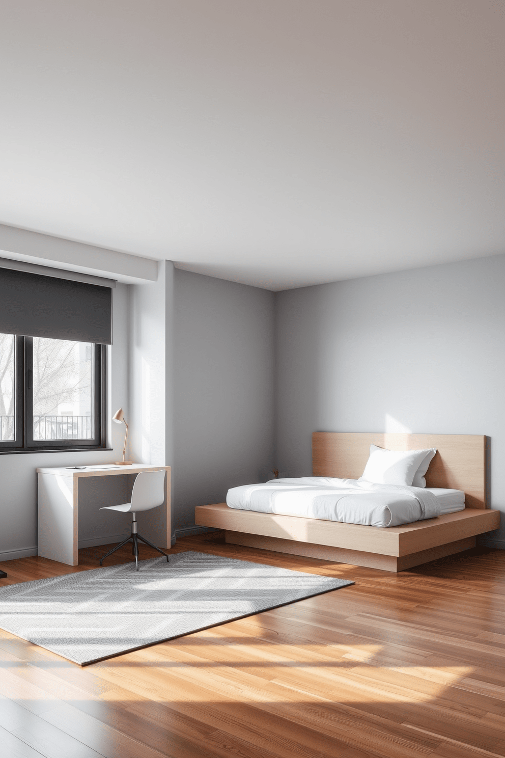 A modern minimalist boys bedroom featuring a sleek platform bed with a simple headboard. The walls are painted in a soft gray, and a large window allows natural light to fill the space. A geometric area rug lies under the bed, adding a touch of warmth to the polished wooden floor. A compact desk with a minimalist chair is positioned against one wall, perfect for studying and creativity.