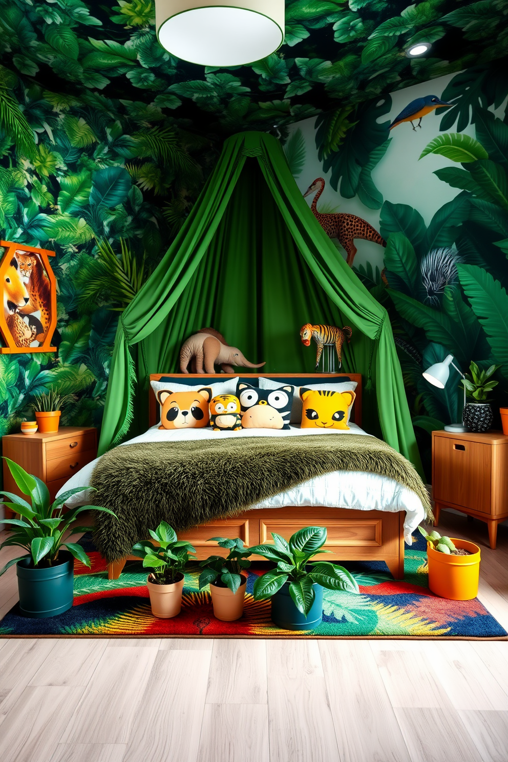 A vibrant boys bedroom designed with a tropical jungle theme. The walls are adorned with leafy wallpaper, and a large mural of exotic animals adds a playful touch. A cozy bed with a green canopy drapes over it, surrounded by plush animal-themed pillows. A colorful rug resembling a jungle floor sits beneath the bed, and potted plants bring a lively green accent to the space.