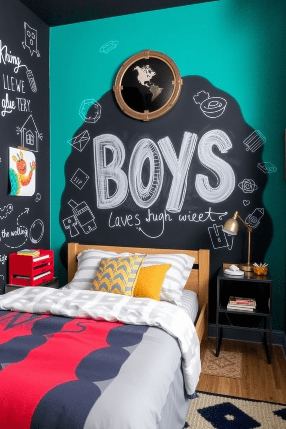 A boys bedroom featuring an artistic chalkboard wall that encourages creativity and self-expression. The room is decorated with playful colors and fun patterns, creating an inspiring and energetic atmosphere.