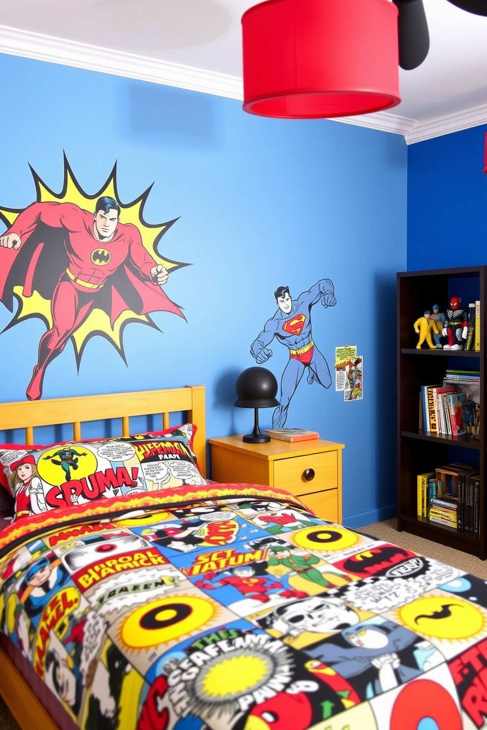 A vibrant boys bedroom featuring classic comic book hero decor. The walls are painted in bold primary colors, adorned with large wall decals of iconic superheroes in action. A comfortable bed is dressed in themed bedding showcasing colorful comic strip patterns. A bookshelf filled with comic books and action figures adds a playful touch to the room.