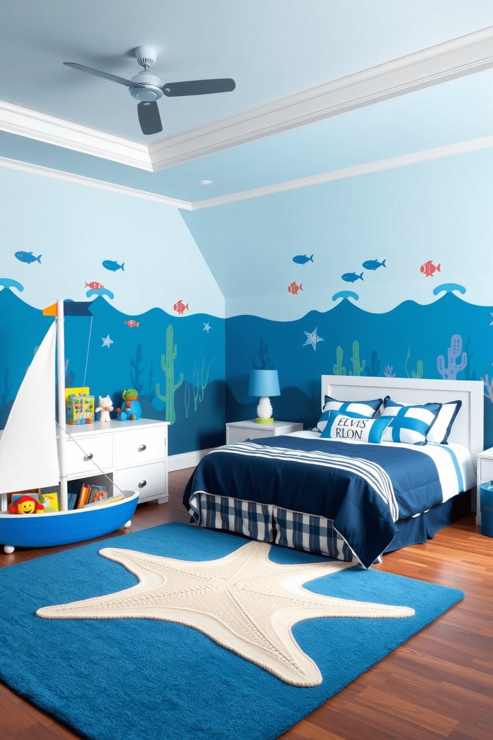 A boys bedroom designed with an underwater ocean theme featuring various shades of blue. The walls are painted in a soft ocean blue, adorned with wall decals of sea creatures and coral reefs. The bed is a nautical style with a navy blue comforter and white pillows resembling waves. A large area rug in the shape of a starfish sits on the floor, and a bookshelf shaped like a sailboat holds colorful books and toys.