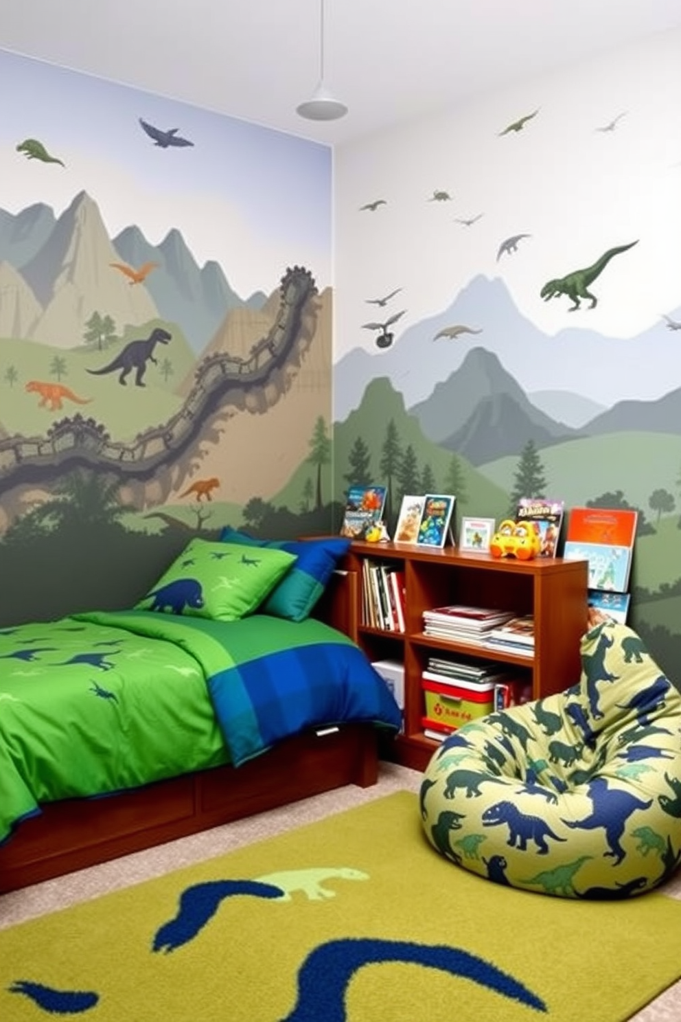 A playful boys bedroom featuring dinosaur-themed bedding in vibrant greens and blues. The walls are adorned with dinosaur decals and a large mural of a prehistoric landscape, creating an adventurous atmosphere. A cozy reading nook is set up with a bean bag chair covered in a dinosaur print. Shelves filled with dinosaur-themed books and toys are positioned near the bed, adding to the fun and educational environment.