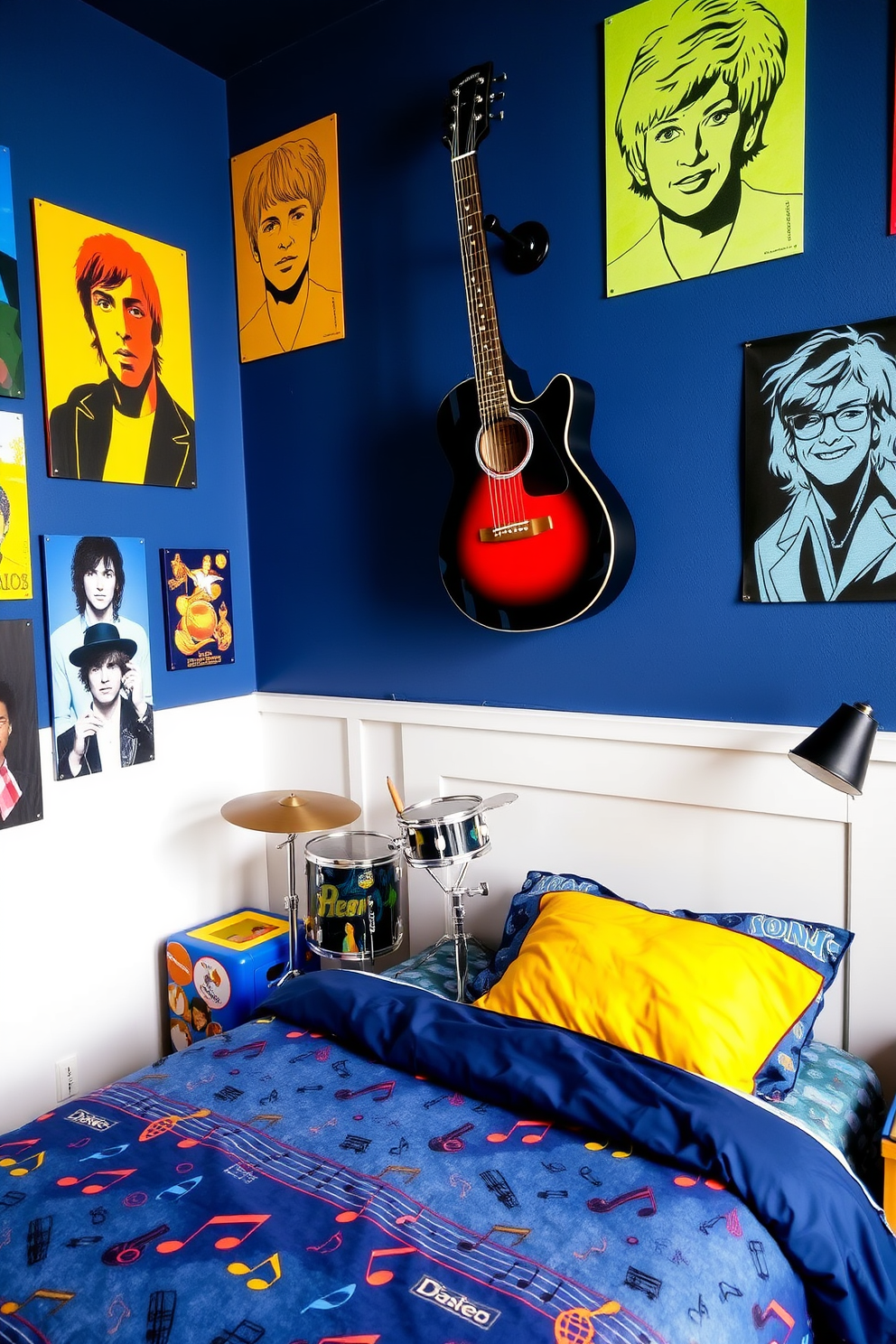 A boys bedroom featuring musical instruments as decor elements. The walls are adorned with colorful posters of famous musicians and a guitar is mounted above the bed. A drum set is placed in one corner, adding a playful touch to the space. The bedding features music notes and vibrant colors, creating an energetic atmosphere.