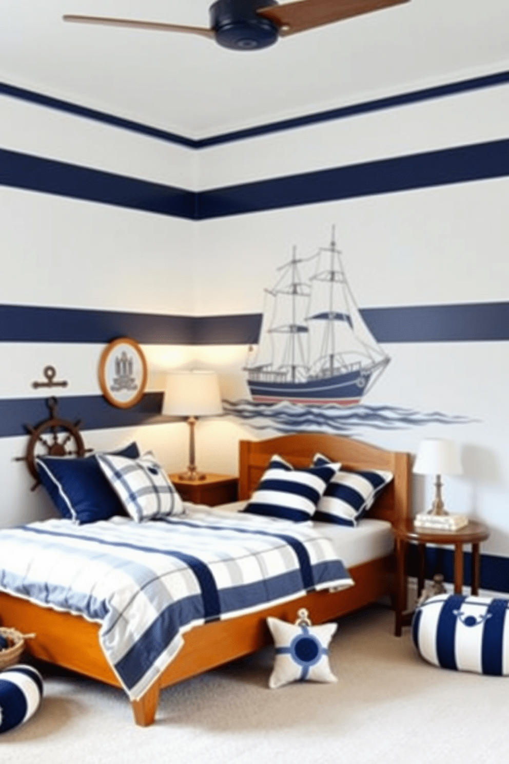 A nautical themed boys bedroom featuring navy blue accents. The walls are painted in a soft white with navy stripes, and a large ship-themed mural decorates one wall. A cozy bed with navy and white striped bedding is positioned against the wall, complemented by a wooden headboard. Nautical decor items like a ship's wheel and anchor pillows are scattered throughout the room for added charm.