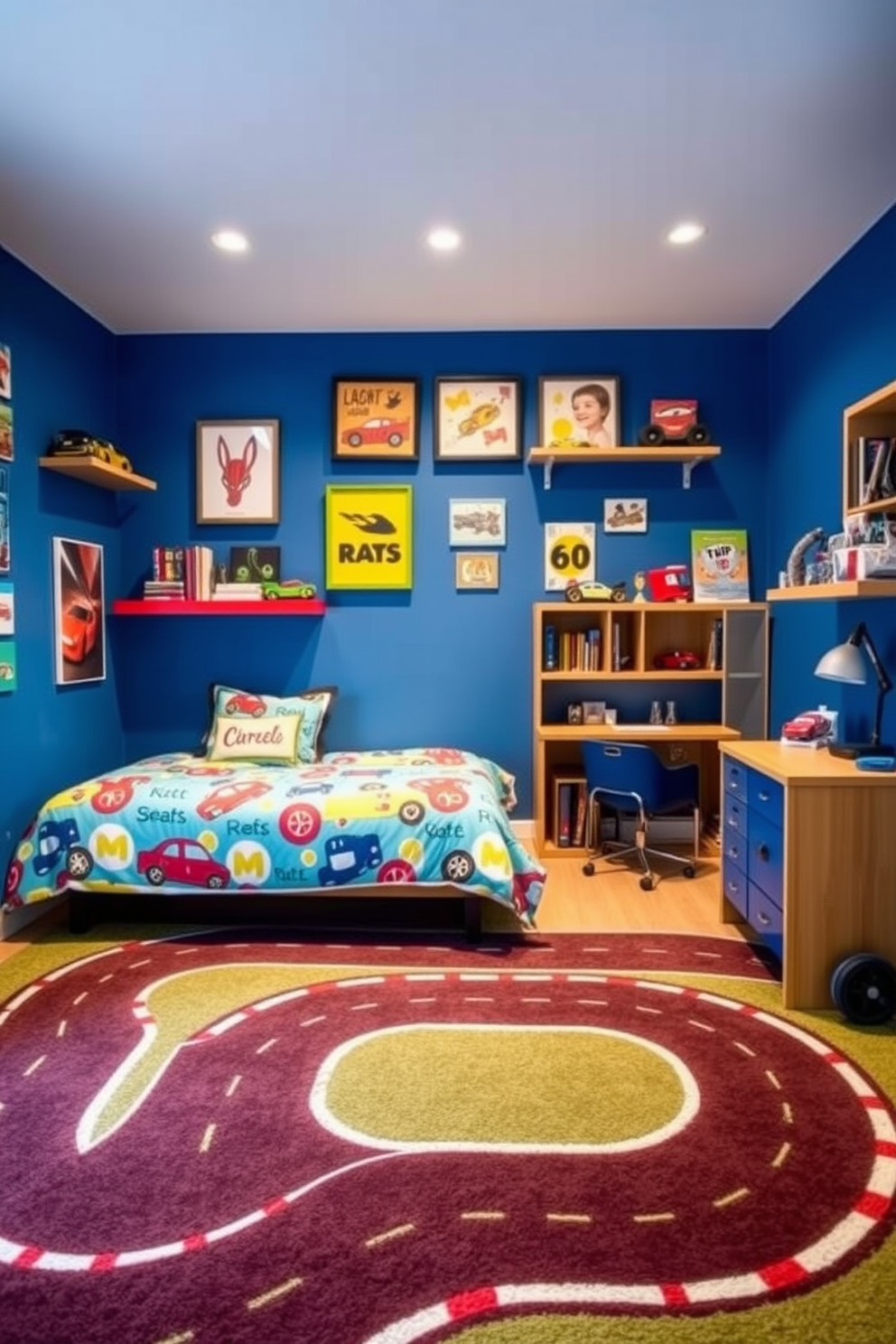 A vibrant boys bedroom featuring a race track rug that covers the floor, creating an exciting play area. The walls are painted in a bold blue hue, adorned with car-themed artwork and shelves filled with toy cars and books. A cozy bed with a colorful duvet cover sits against one wall, while a small desk with racing-themed accessories is positioned nearby. Soft lighting illuminates the space, enhancing the playful atmosphere and inviting creativity.