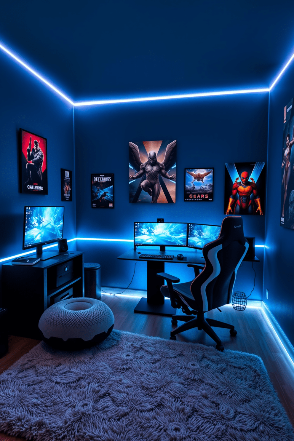 A gamer-inspired room filled with high-tech accents. The walls are painted in a deep blue shade, and LED strip lights illuminate the edges of the room. A sleek gaming desk holds multiple monitors and a high-performance gaming chair. Posters of popular video games decorate the walls, while a plush area rug adds comfort underfoot.