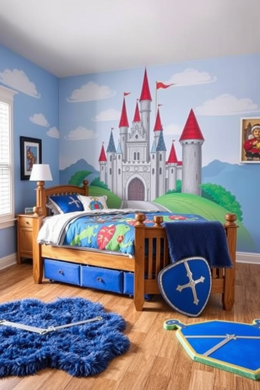 A whimsical boys bedroom designed with a fantasy castle theme. The walls are painted in a soft blue with hand-painted clouds and a large castle mural, creating an imaginative backdrop for play. A wooden bed shaped like a castle turret takes center stage, adorned with colorful bedding featuring knights and dragons. Plush rugs in the shape of shields and swords add comfort and a playful touch to the floor.