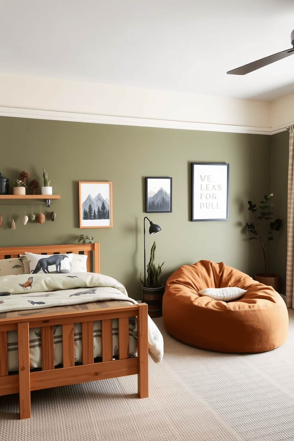 A nature-inspired boys bedroom design featuring earthy tones. The walls are painted in a soft olive green, complemented by a wooden bed frame and nature-themed bedding. A cozy reading nook is created with a plush bean bag chair in a warm brown hue. Decor elements include wall art of mountains and forests, along with potted plants for a fresh touch.