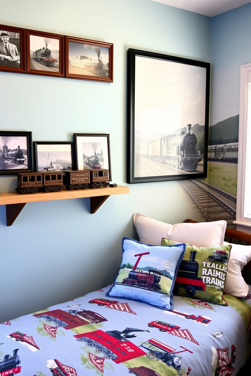 Classic train set decor for enthusiasts. The room features a vintage wooden train set displayed on a dedicated shelf, surrounded by framed photographs of famous trains. The walls are painted in a calming sky blue, and a large mural of a train landscape adds character. A cozy bed with a train-themed comforter and plush pillows completes the theme, creating an inviting space for young train lovers.