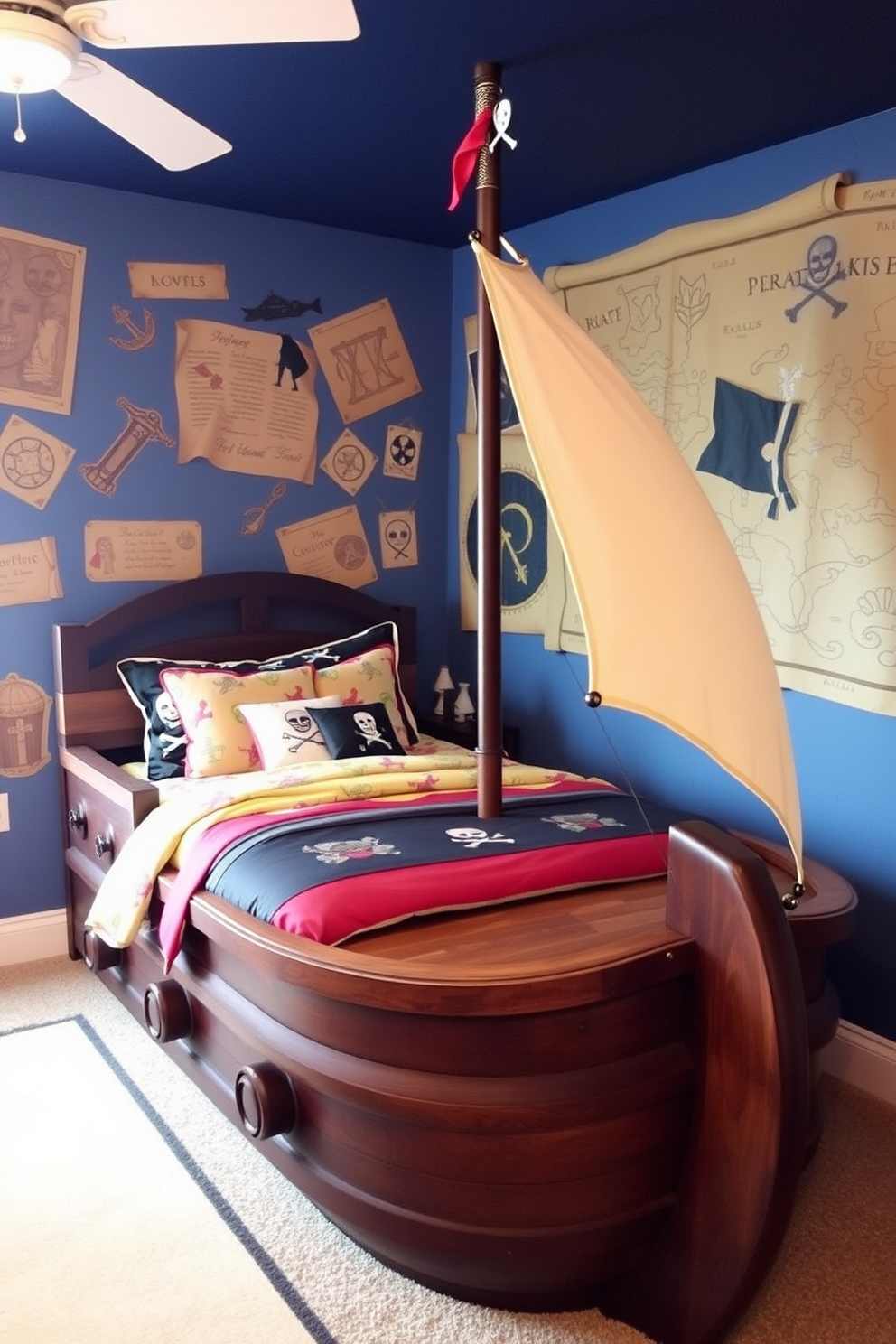 A boys bedroom designed with a pirate ship theme. The walls are adorned with treasure maps and nautical elements, creating an adventurous atmosphere. A large bed shaped like a pirate ship takes center stage, complete with a sail and decorative flags. Colorful bedding features pirate motifs, while a treasure chest toy box sits in the corner for storage.