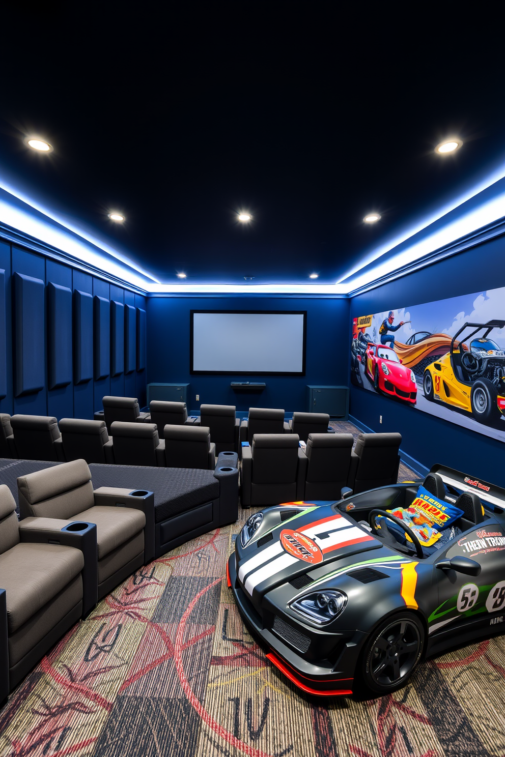 A cozy movie theater room featuring plush recliner seating arranged in tiers for optimal viewing. The walls are painted a deep navy blue, adorned with soundproof panels, and a large screen dominates the front wall. A fun boys bedroom designed with a sporty theme, featuring a bed shaped like a race car. The walls are decorated with vibrant murals of racing scenes, and colorful bedding complements the overall energetic atmosphere.