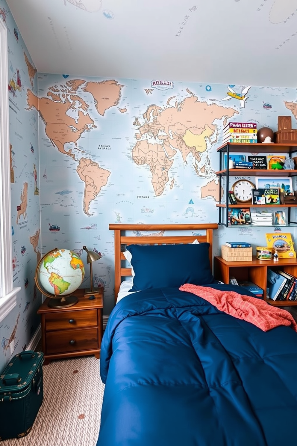 Adventure map wallpaper covers the walls of a boys bedroom, creating an immersive exploration theme. The room features a cozy bed with a navy blue duvet, a vintage globe on a wooden nightstand, and shelves filled with adventure books and toys.