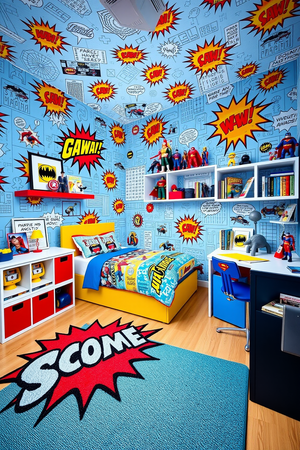 Classic superhero comic book wallpaper adorns the walls of a vibrant boys bedroom. The room features a bold color palette with a mix of blue, red, and yellow accents throughout the furniture and decor. A cozy bed with a superhero-themed duvet cover sits against one wall. A colorful rug in the shape of a comic book speech bubble adds a playful touch to the floor. Shelves are filled with action figures and comic books, creating an engaging display. A superhero-themed desk provides a perfect study area, complete with a comfortable chair and ample storage.