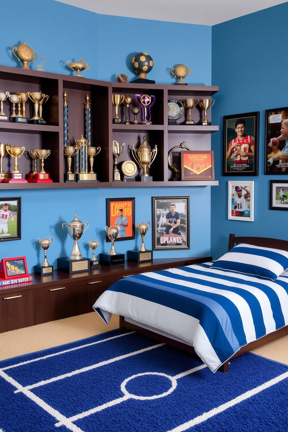 A dynamic sports trophy display area showcasing various awards and achievements. The shelves are made of dark wood, elegantly contrasting with the light blue walls, and the trophies are arranged by size and type for visual appeal. A boys bedroom designed with a sporty theme featuring a bed with a blue and white striped duvet. The walls are adorned with framed sports posters and a rug shaped like a football field adds a playful touch to the space.