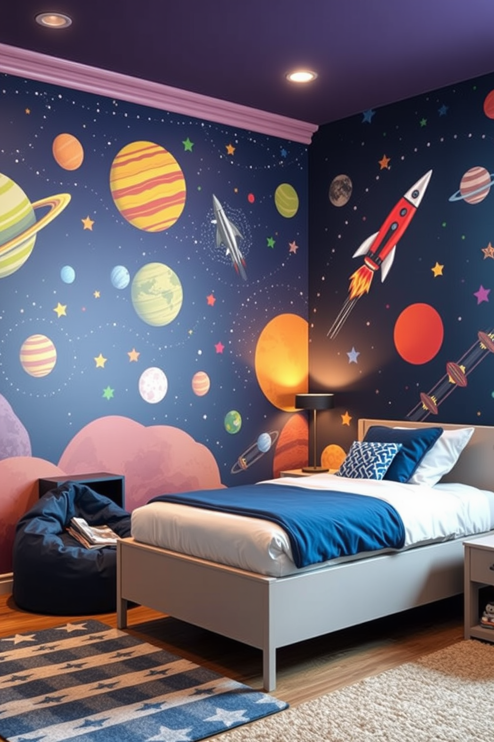 A vibrant boys bedroom featuring a space exploration mural on one wall. The mural depicts colorful planets, rockets, and stars, creating an adventurous atmosphere for the room. The furniture includes a sleek twin bed with a blue and white bedding set. A cozy reading nook with a bean bag chair and a small bookshelf is positioned in the corner, inviting creativity and relaxation.