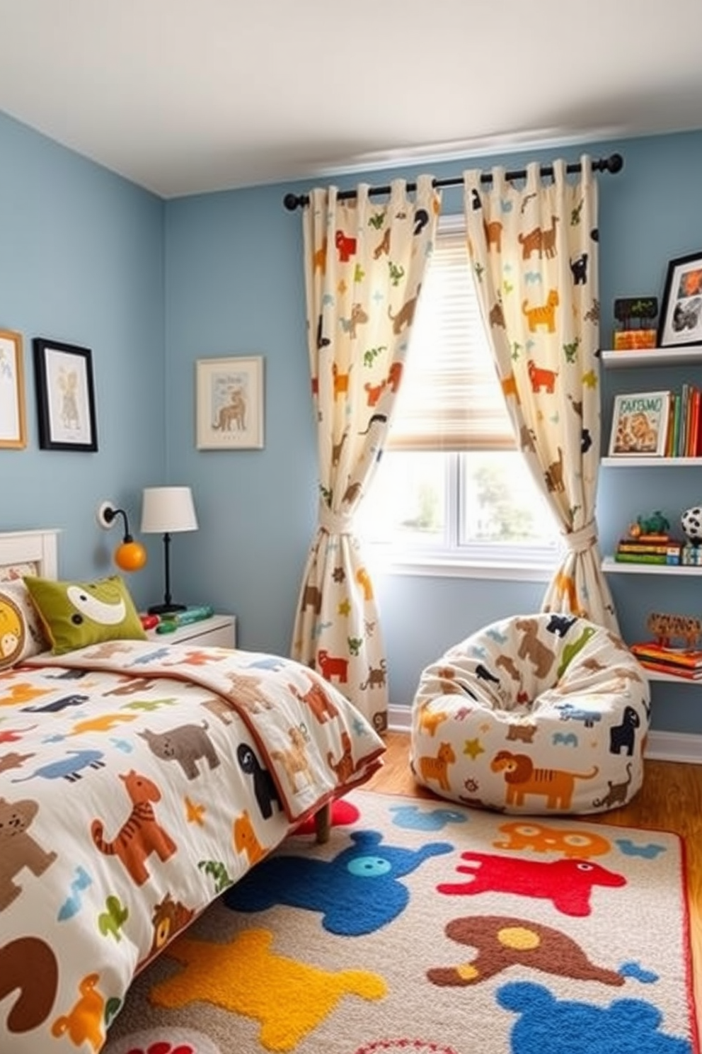 A boys bedroom designed with fun animal prints on the bedding and curtains to create a playful atmosphere. The walls are painted in a soft blue hue, complemented by a colorful rug featuring various animal shapes. A cozy reading nook is set up in one corner with a bean bag chair adorned with cartoon animals. Shelves filled with books and toys are decorated with framed animal art to enhance the whimsical theme.