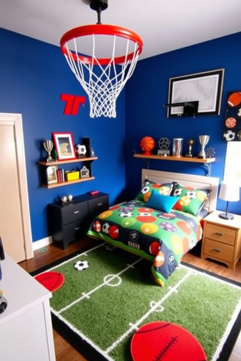 A dynamic boys bedroom featuring sports-themed bedding with vibrant colors and patterns showcasing footballs, basketballs, and soccer balls. The walls are painted in a bold blue tone, and a large wall decal of a basketball hoop adds an energetic touch to the space. The room includes a comfortable bed with a sporty comforter and matching throw pillows. A rug shaped like a football field anchors the space, while shelves display sports memorabilia and trophies, creating an inspiring atmosphere for young athletes.