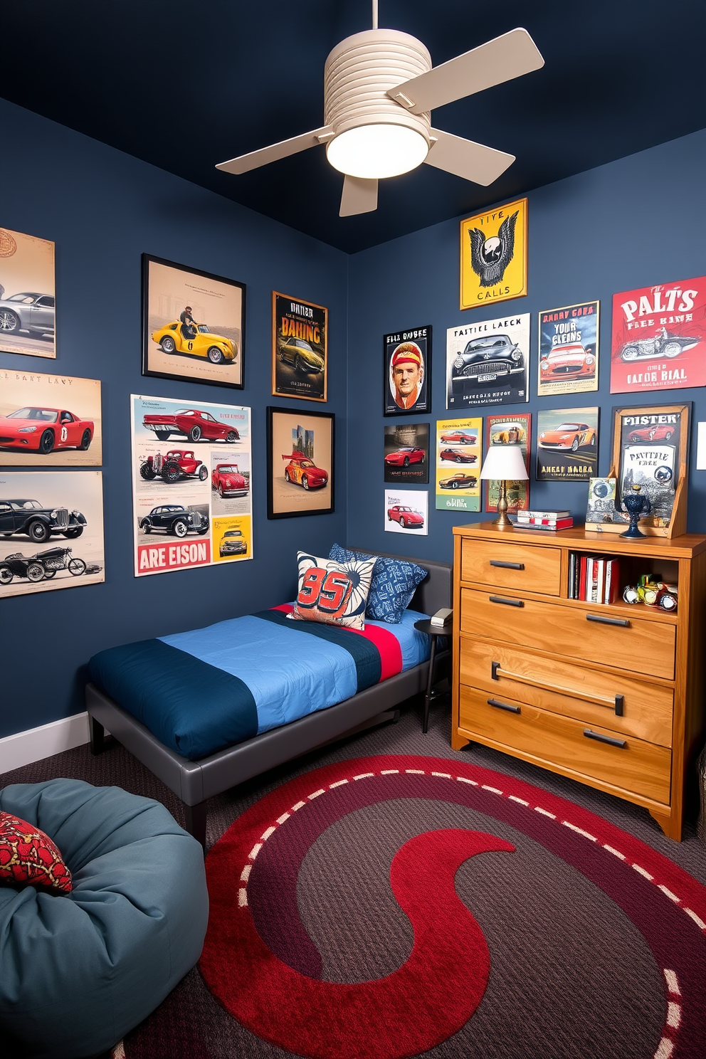 A boys bedroom designed with vintage car posters adorning the walls creates an energetic and adventurous atmosphere. The room features a sleek twin bed with a blue and red color scheme, complemented by a rug shaped like a racing track. In one corner, a wooden dresser displays model cars and vintage accessories that enhance the theme. A cozy reading nook with a bean bag chair and a small bookshelf filled with car-related books adds a personal touch.