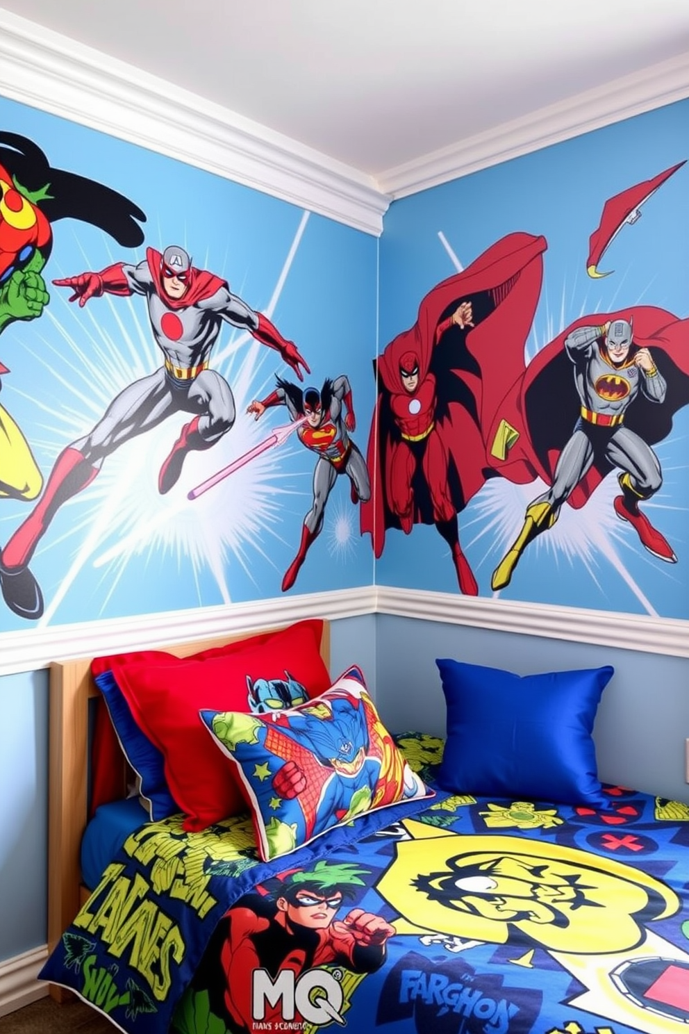 A vibrant boys bedroom featuring superhero wall art that showcases iconic comic book characters in dynamic poses. The bedding complements the theme with bright colors and bold patterns, creating an energetic and playful atmosphere.