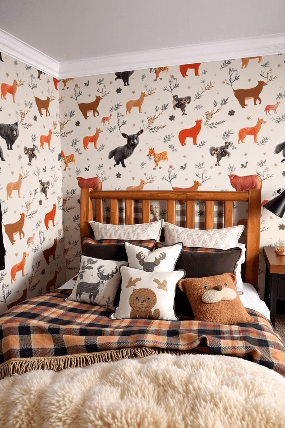 A boys bedroom design featuring woodland creature motifs. The walls are adorned with playful wallpaper showcasing foxes, bears, and deer in soft earthy tones. A comfortable bed with a rustic wooden frame is dressed in cozy plaid bedding. Plush cushions featuring animal prints are scattered across the bed, creating an inviting atmosphere.