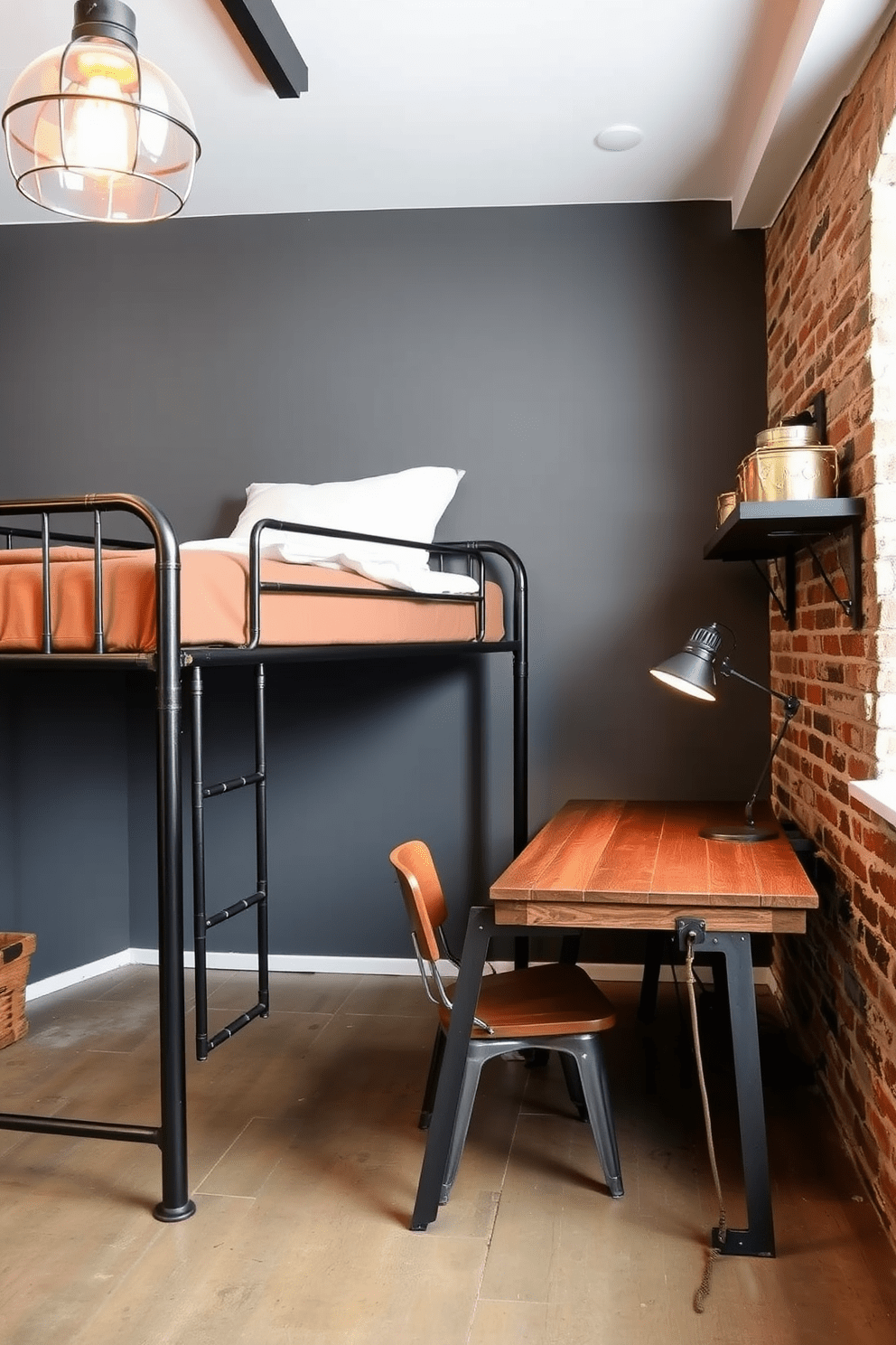 A boys bedroom designed in an industrial style features metal furniture with a rugged aesthetic. The walls are painted in a deep gray, and exposed brick adds texture to the space. A lofted bed made of black metal frames sits against one wall, while a sturdy wooden desk with metal legs occupies the opposite side. Vintage-inspired lighting fixtures hang from the ceiling, casting a warm glow over the room.