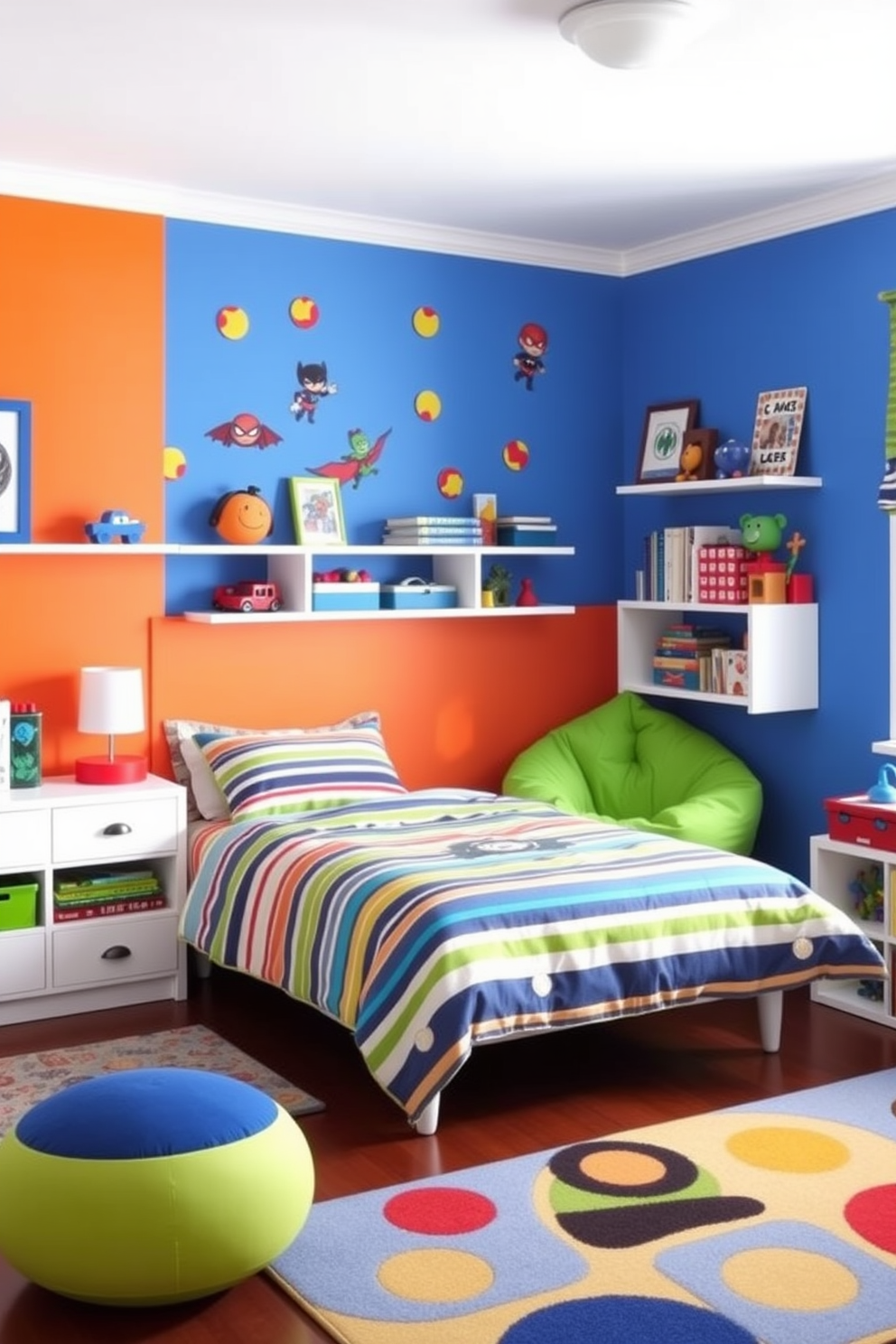 A vibrant boys bedroom filled with bright colors and playful patterns. The walls are painted in a cheerful blue, complemented by a bold orange accent wall featuring fun decals of superheroes. The bedding showcases a mix of stripes and polka dots in various hues, while a cozy bean bag chair in a bright green adds a pop of color. Shelves display colorful toys and books, and a large rug with a playful design covers the floor for a comfortable play area.