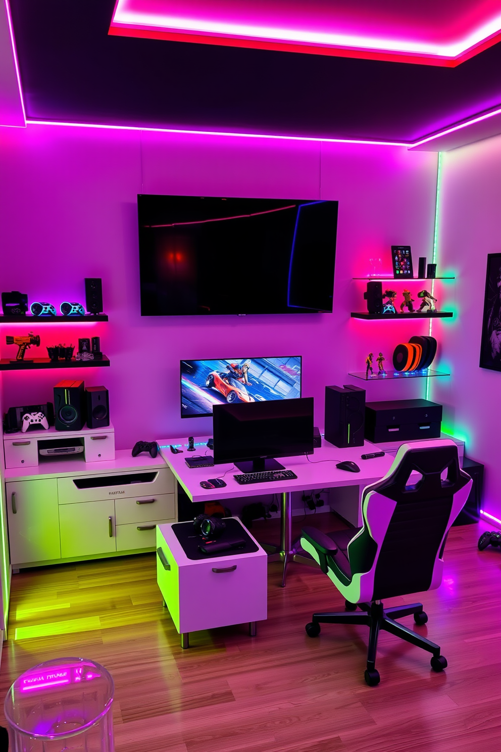 A sleek modern gaming setup featuring a large wall-mounted flat-screen TV. The room is illuminated by vibrant neon lights that accentuate the clean lines of the furniture. A low-profile gaming desk holds a high-performance computer and dual monitors. Surrounding the desk are ergonomic chairs and shelves filled with gaming accessories and collectibles.